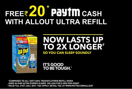 India Desire : Paytm AllOut Offer: Get Free Rs 20 Paytm Cash On Purchase Of AllOut Ultra Refill Pack 